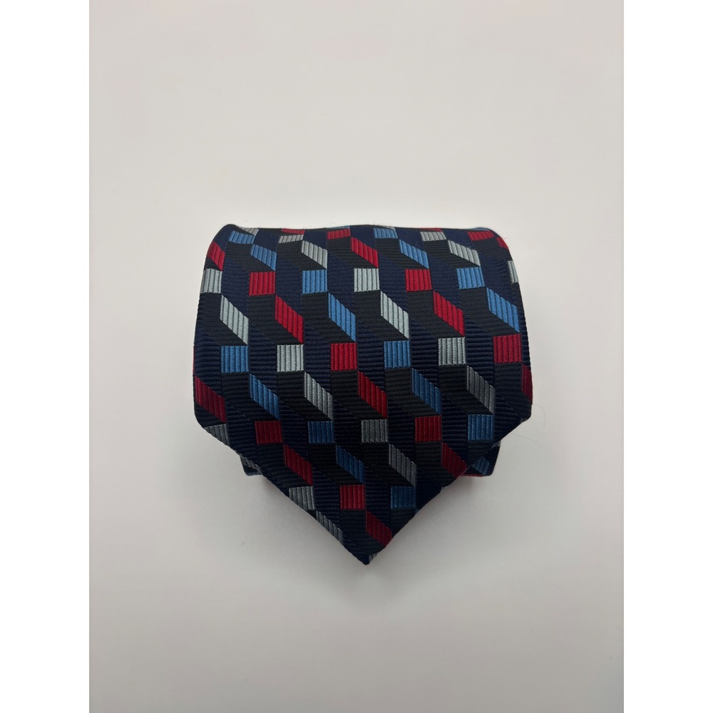 Envoy Mens Necktie Navy Blue Red Silver Geometric Block Pattern Silk Blend Tie